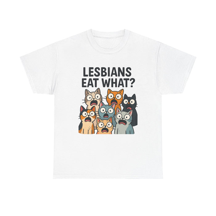 ๐น๐ โLesbians Eat What?โ โ Shocked Cats Punchline T-Shirt by VTtee