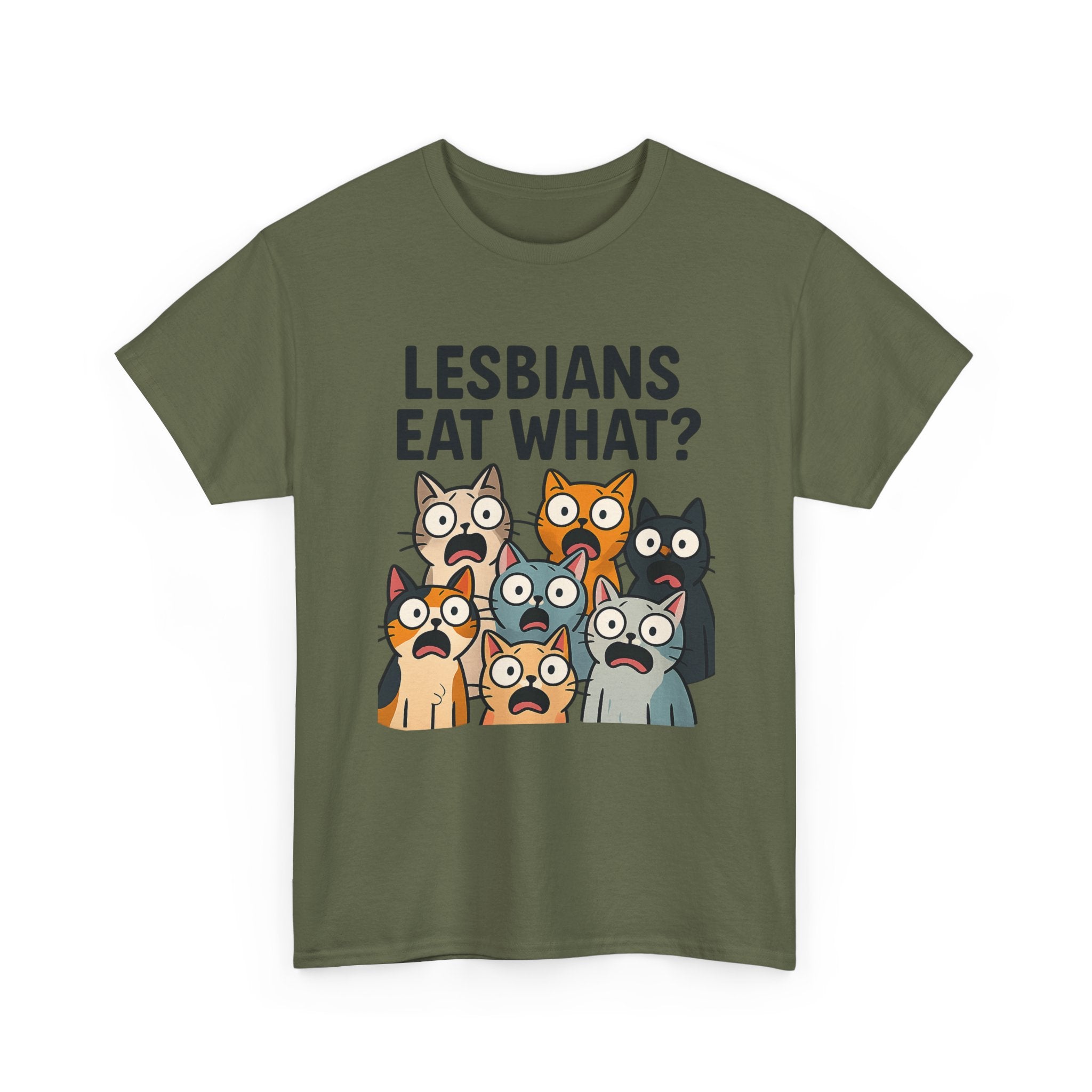 😹🌈 “Lesbians Eat What?” – Shocked Cats Punchline T-Shirt by VTtee