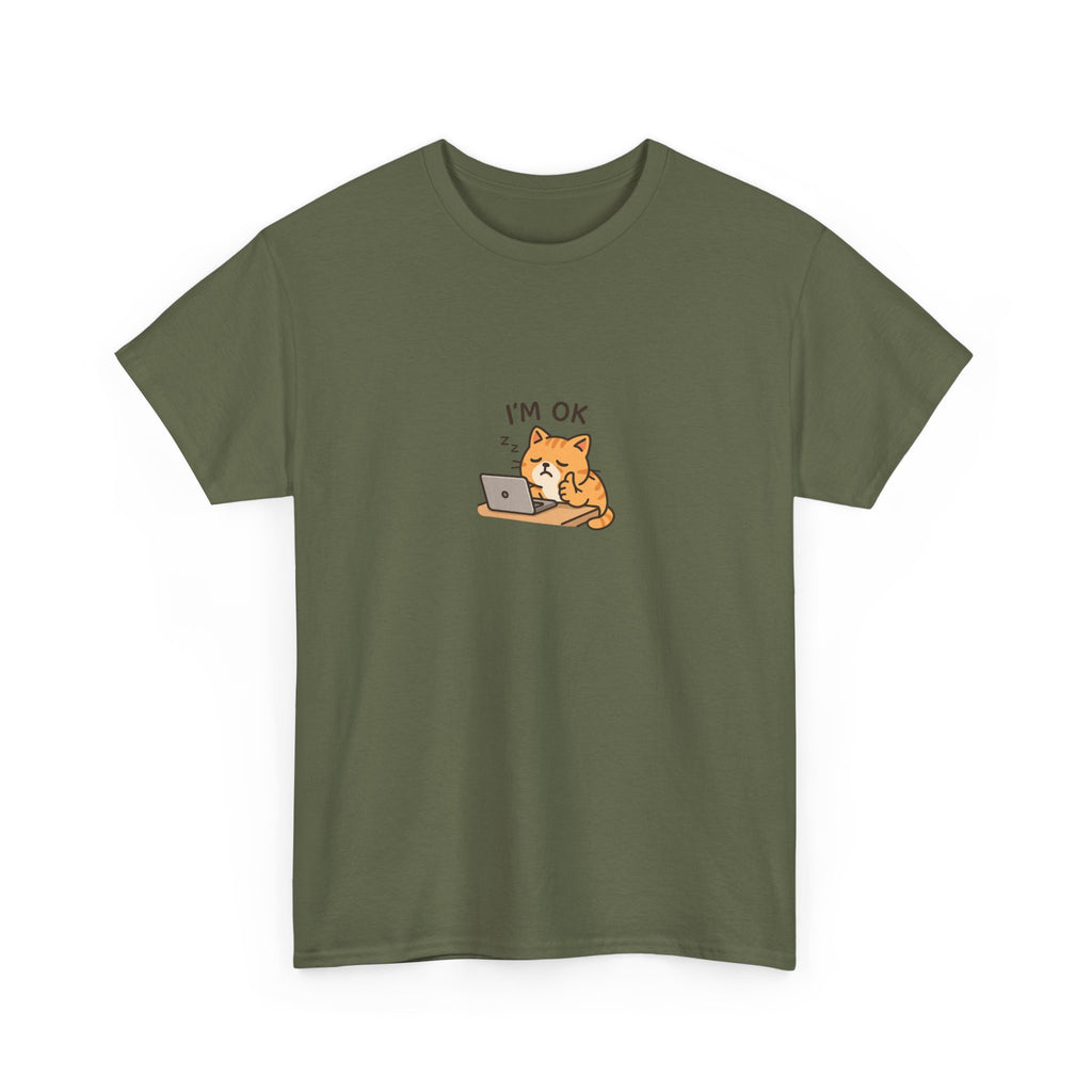😴🐱 “I’m OK.” Sleeping Cat at Desk T-Shirt – Cute Relatable Exhausted Cat Tee by VTtee 💻✨