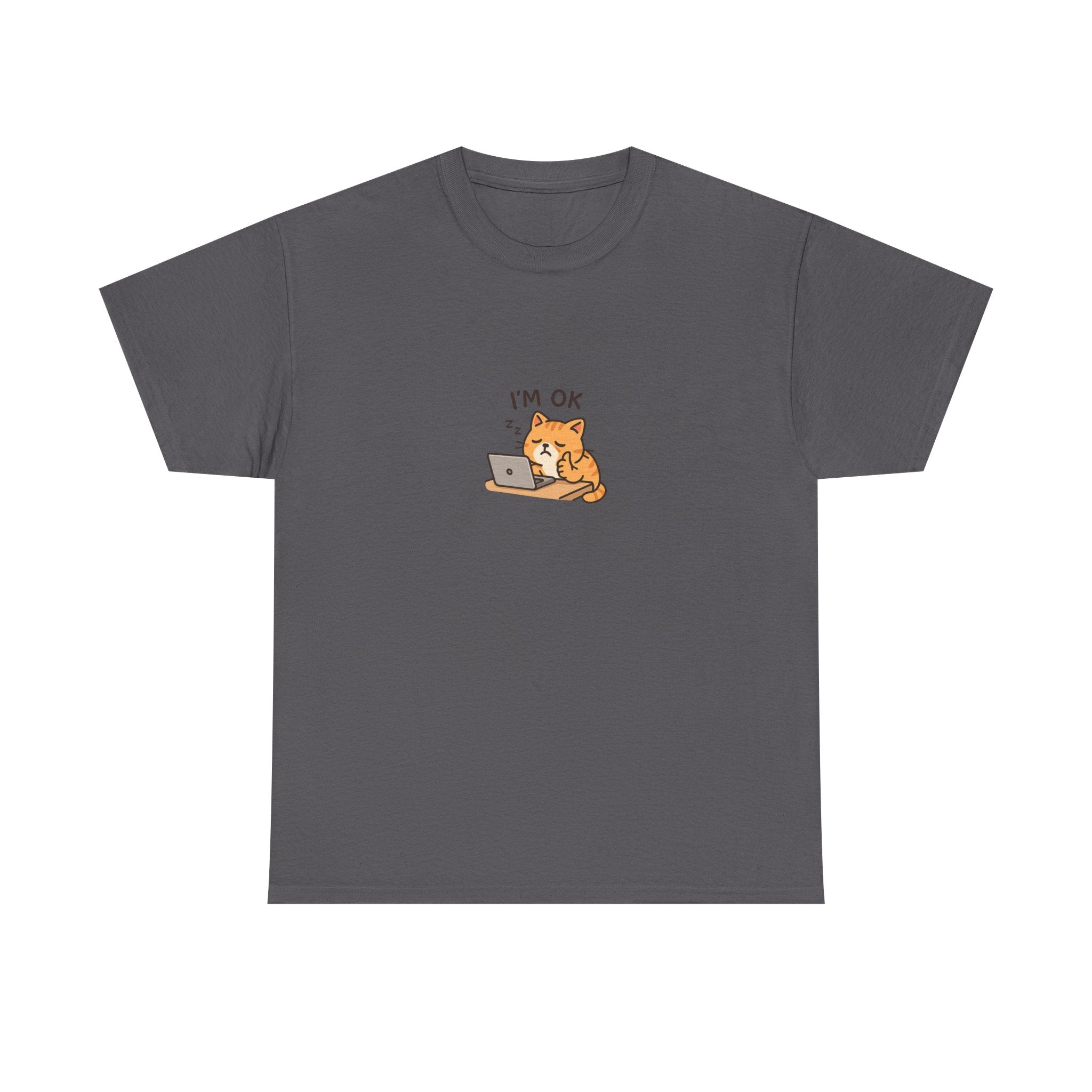 😴🐱 “I’m OK.” Sleeping Cat at Desk T-Shirt – Cute Relatable Exhausted Cat Tee by VTtee 💻✨