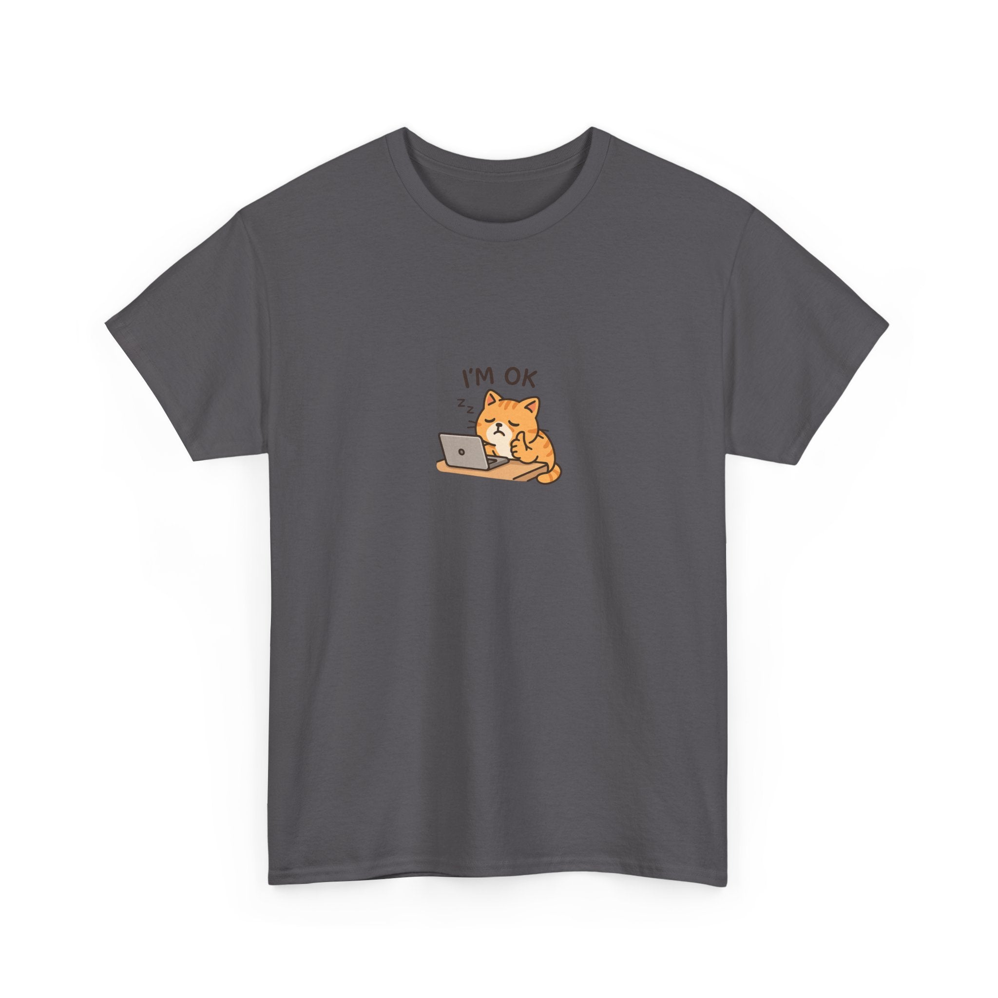 😴🐱 “I’m OK.” Sleeping Cat at Desk T-Shirt – Cute Relatable Exhausted Cat Tee by VTtee 💻✨
