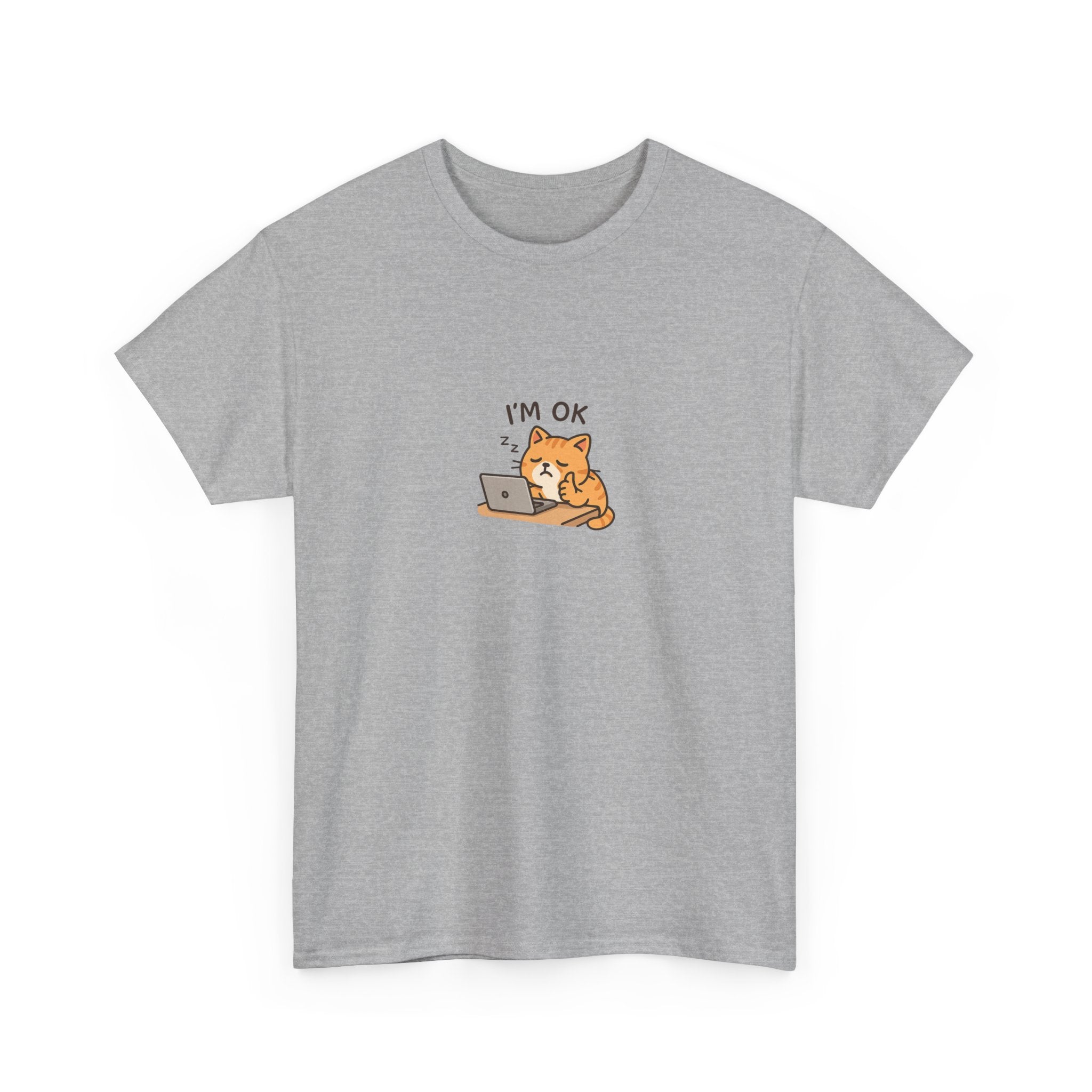 😴🐱 “I’m OK.” Sleeping Cat at Desk T-Shirt – Cute Relatable Exhausted Cat Tee by VTtee 💻✨
