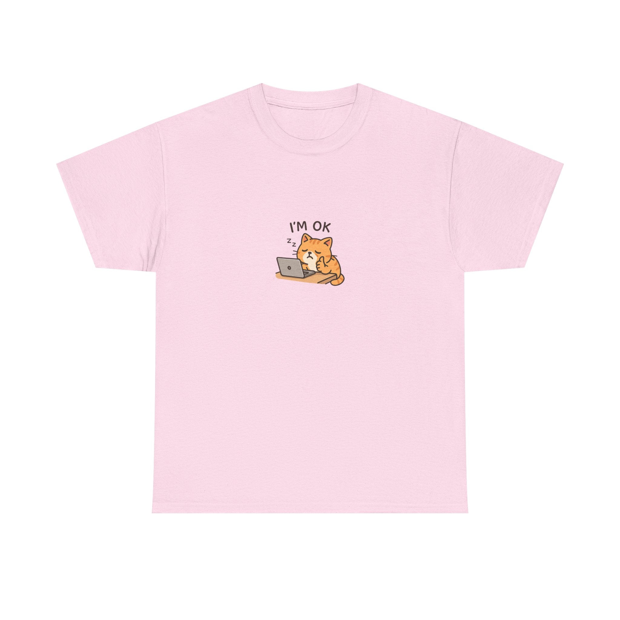 😴🐱 “I’m OK.” Sleeping Cat at Desk T-Shirt – Cute Relatable Exhausted Cat Tee by VTtee 💻✨