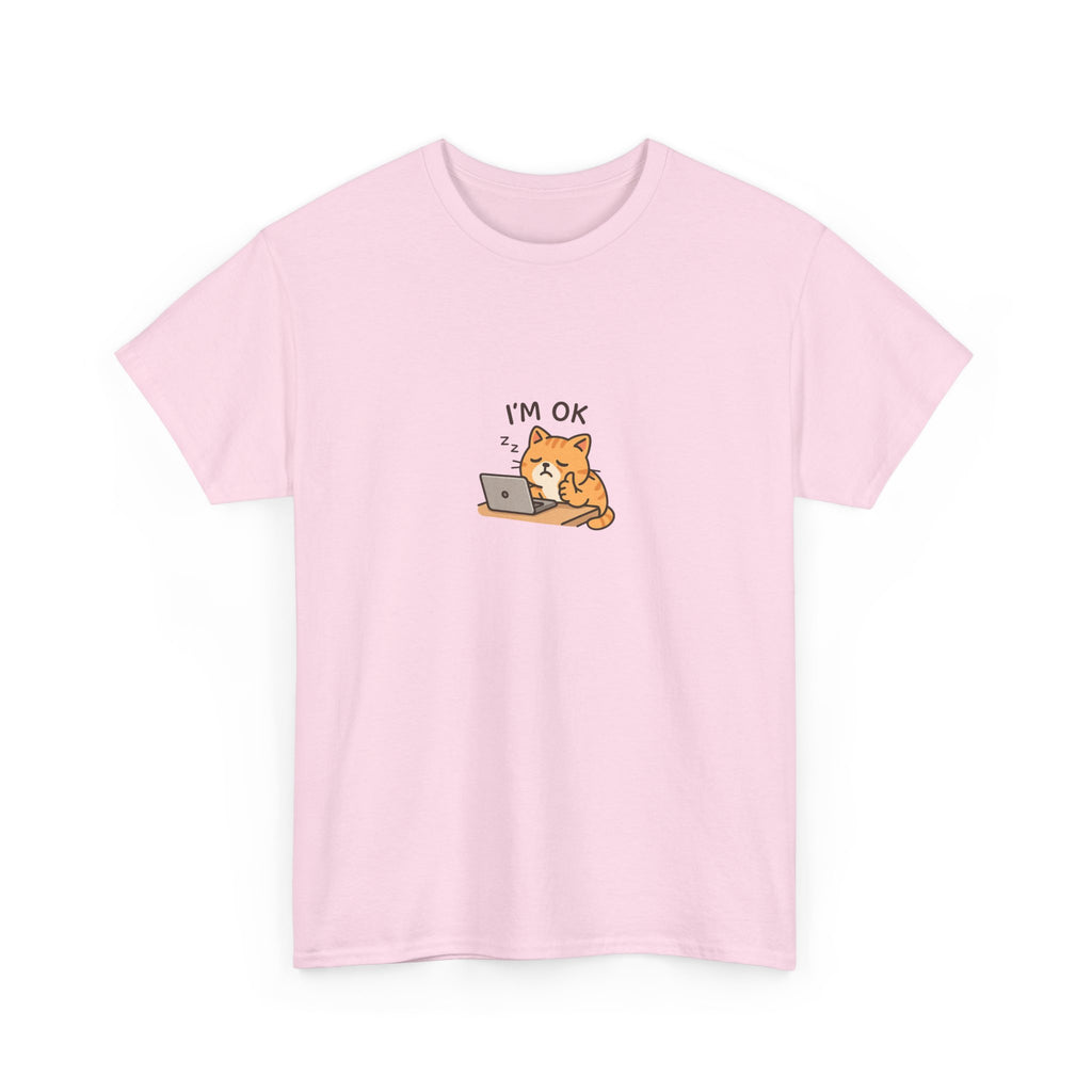 😴🐱 “I’m OK.” Sleeping Cat at Desk T-Shirt – Cute Relatable Exhausted Cat Tee by VTtee 💻✨