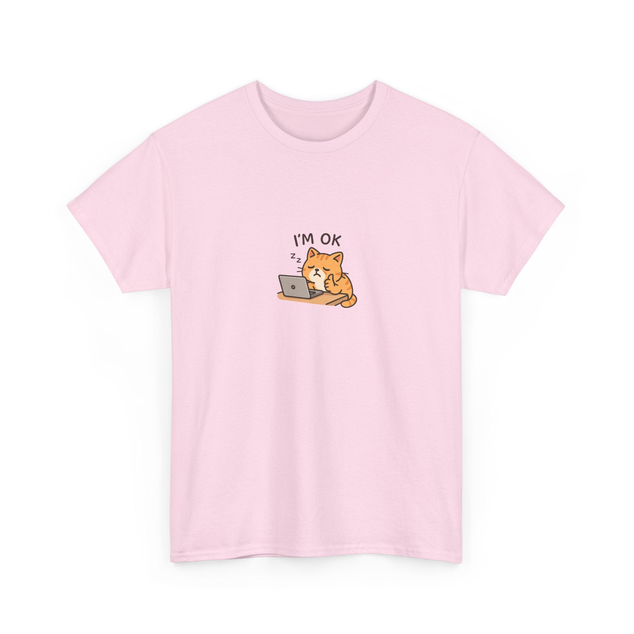 😴🐱 “I’m OK.” Sleeping Cat at Desk T-Shirt – Cute Relatable Exhausted Cat Tee by VTtee 💻✨