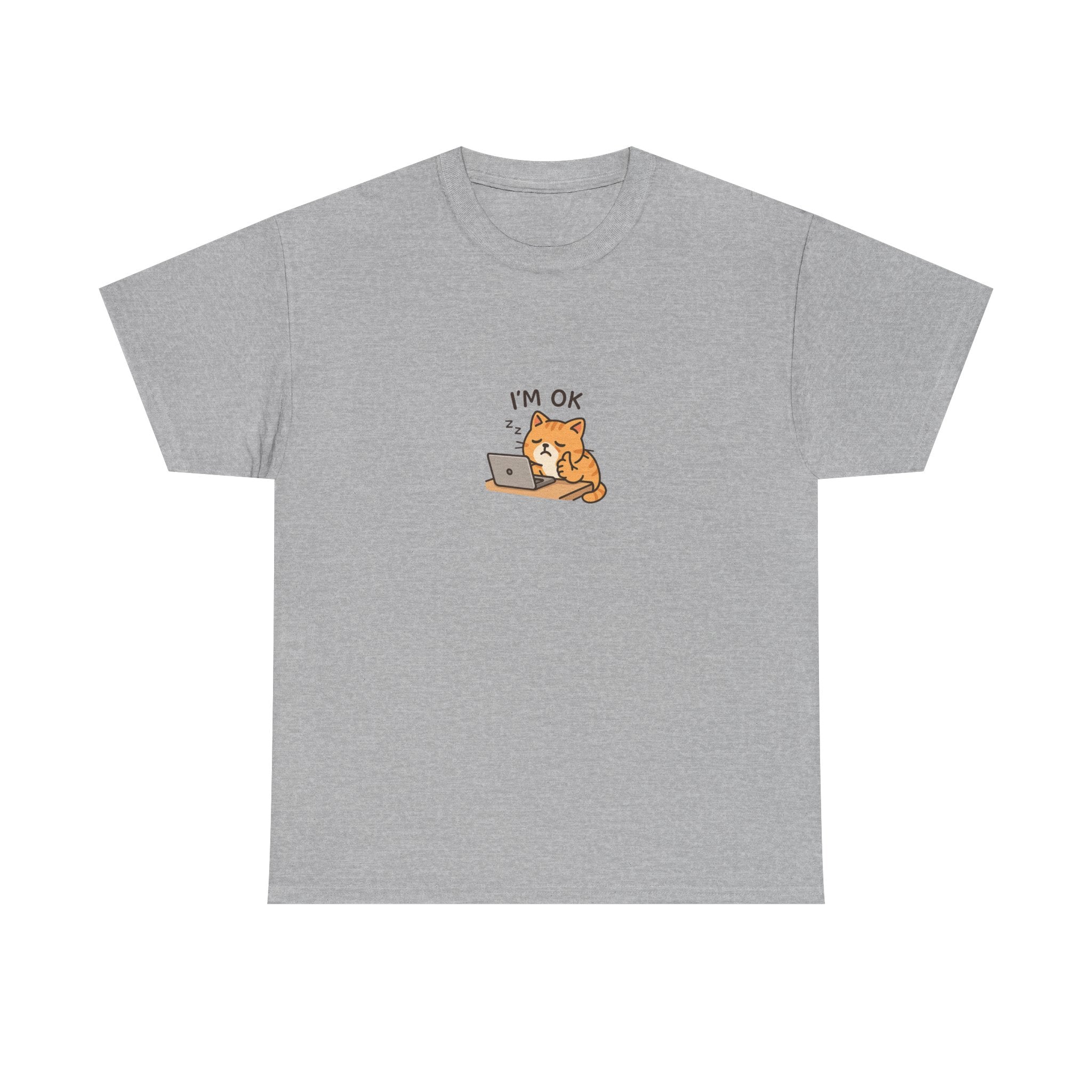 😴🐱 “I’m OK.” Sleeping Cat at Desk T-Shirt – Cute Relatable Exhausted Cat Tee by VTtee 💻✨