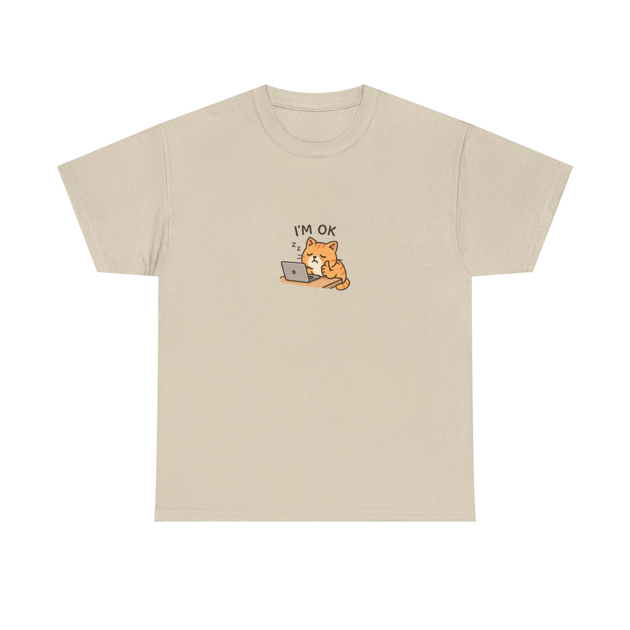 😴🐱 “I’m OK.” Sleeping Cat at Desk T-Shirt – Cute Relatable Exhausted Cat Tee by VTtee 💻✨