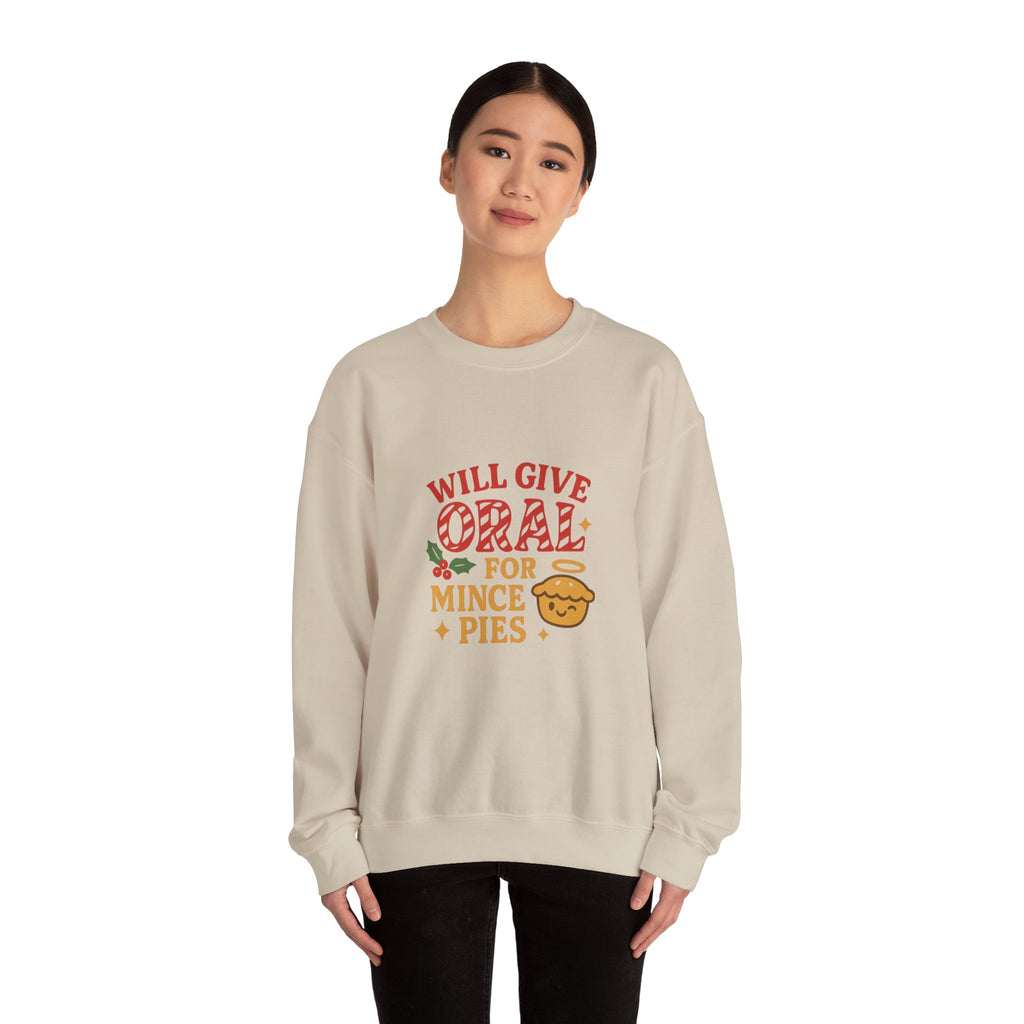Funny Christmas Sweatshirt – “Will Give Oral for Mince Pies” 🎄 Naughty Adult Xmas Jumper by VTtee 🔥