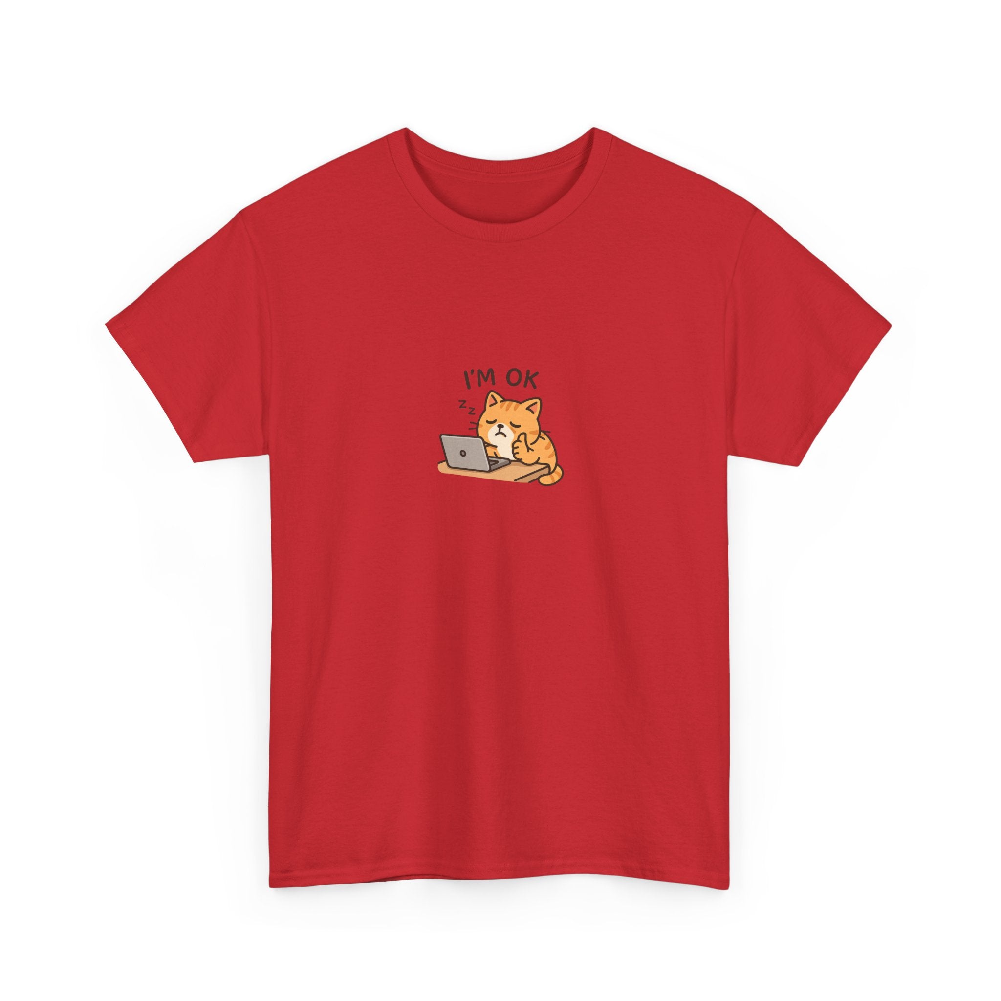 😴🐱 “I’m OK.” Sleeping Cat at Desk T-Shirt – Cute Relatable Exhausted Cat Tee by VTtee 💻✨