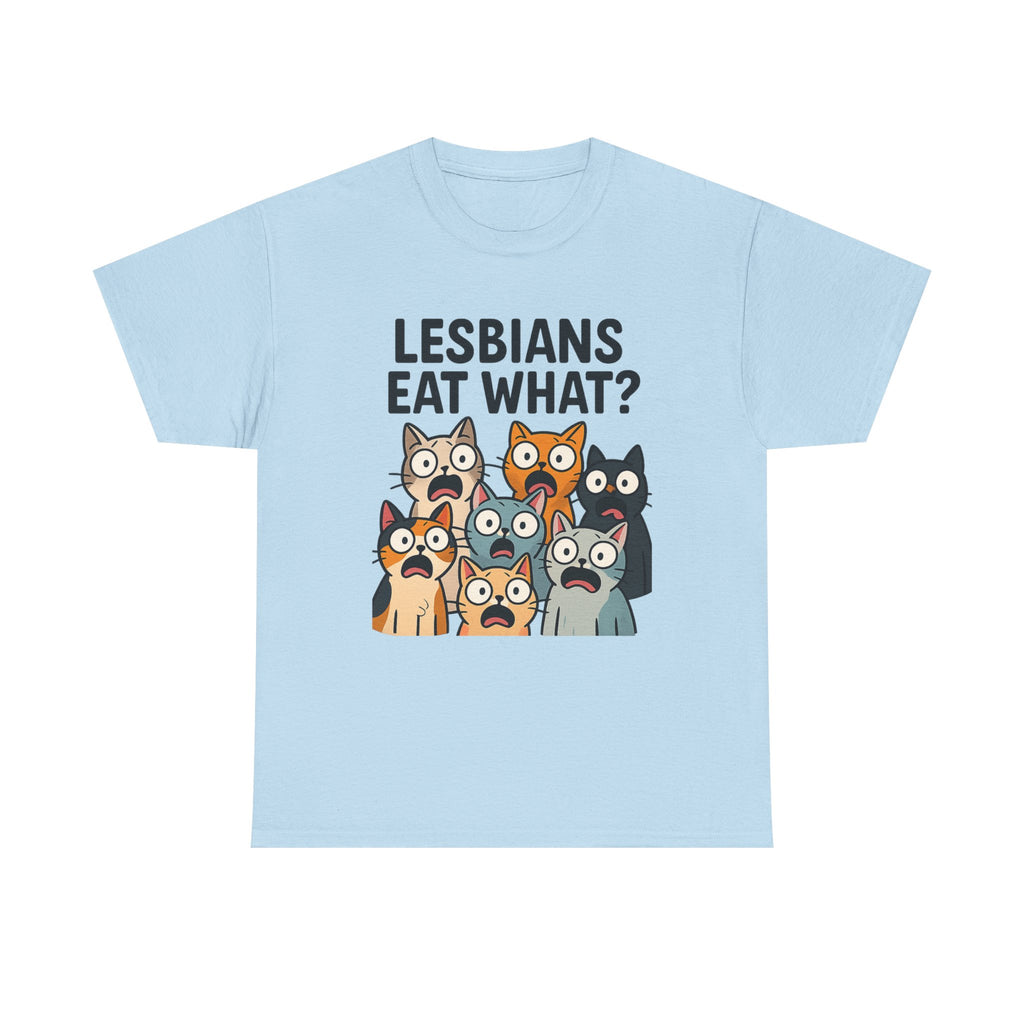 😹🌈 “Lesbians Eat What?” – Shocked Cats Punchline T-Shirt by VTtee