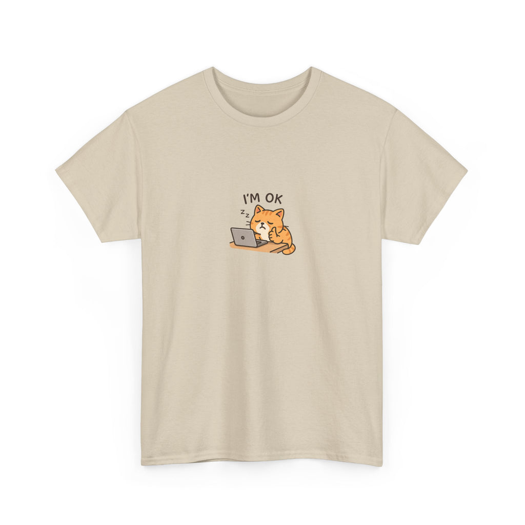 😴🐱 “I’m OK.” Sleeping Cat at Desk T-Shirt – Cute Relatable Exhausted Cat Tee by VTtee 💻✨