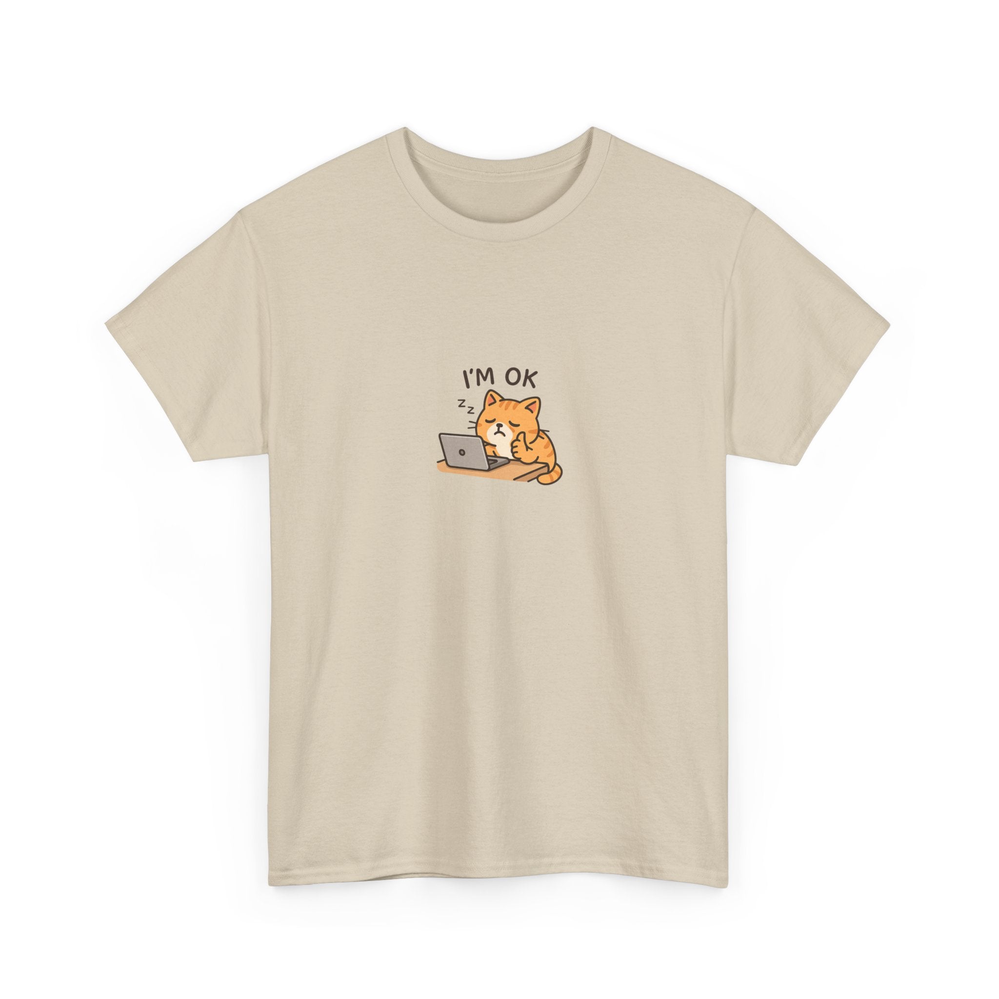 😴🐱 “I’m OK.” Sleeping Cat at Desk T-Shirt – Cute Relatable Exhausted Cat Tee by VTtee 💻✨