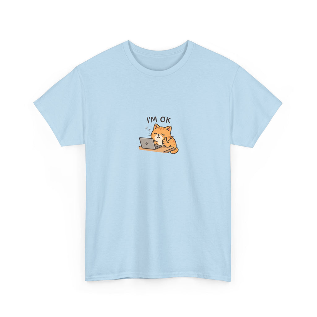 😴🐱 “I’m OK.” Sleeping Cat at Desk T-Shirt – Cute Relatable Exhausted Cat Tee by VTtee 💻✨