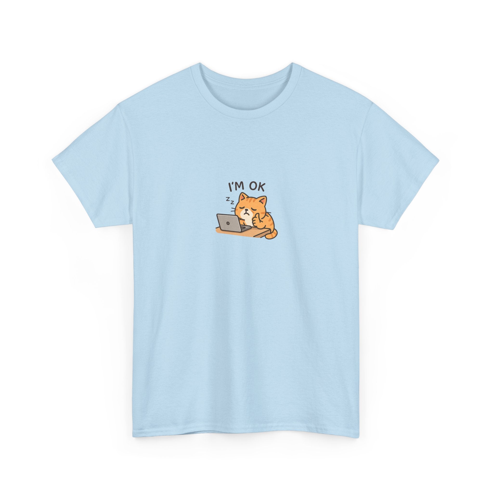 😴🐱 “I’m OK.” Sleeping Cat at Desk T-Shirt – Cute Relatable Exhausted Cat Tee by VTtee 💻✨