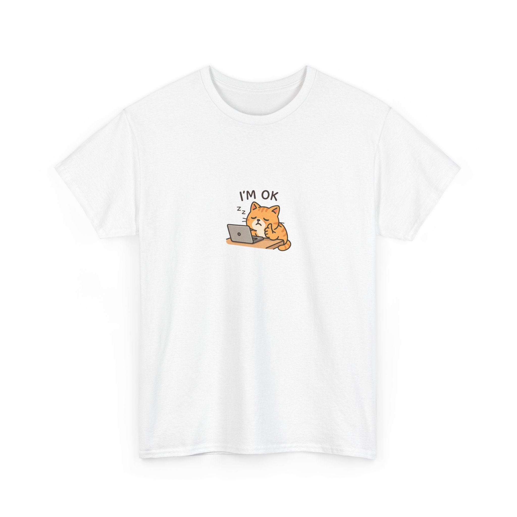 😴🐱 “I’m OK.” Sleeping Cat at Desk T-Shirt – Cute Relatable Exhausted Cat Tee by VTtee 💻✨